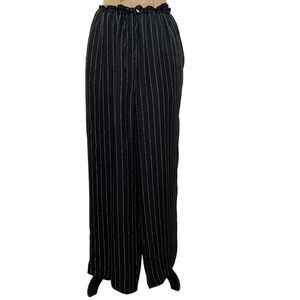 Ann‎ Taylor Elegant Black Pinstripe Wide Leg Silk Pants w/ Drawstring Waist Sz M